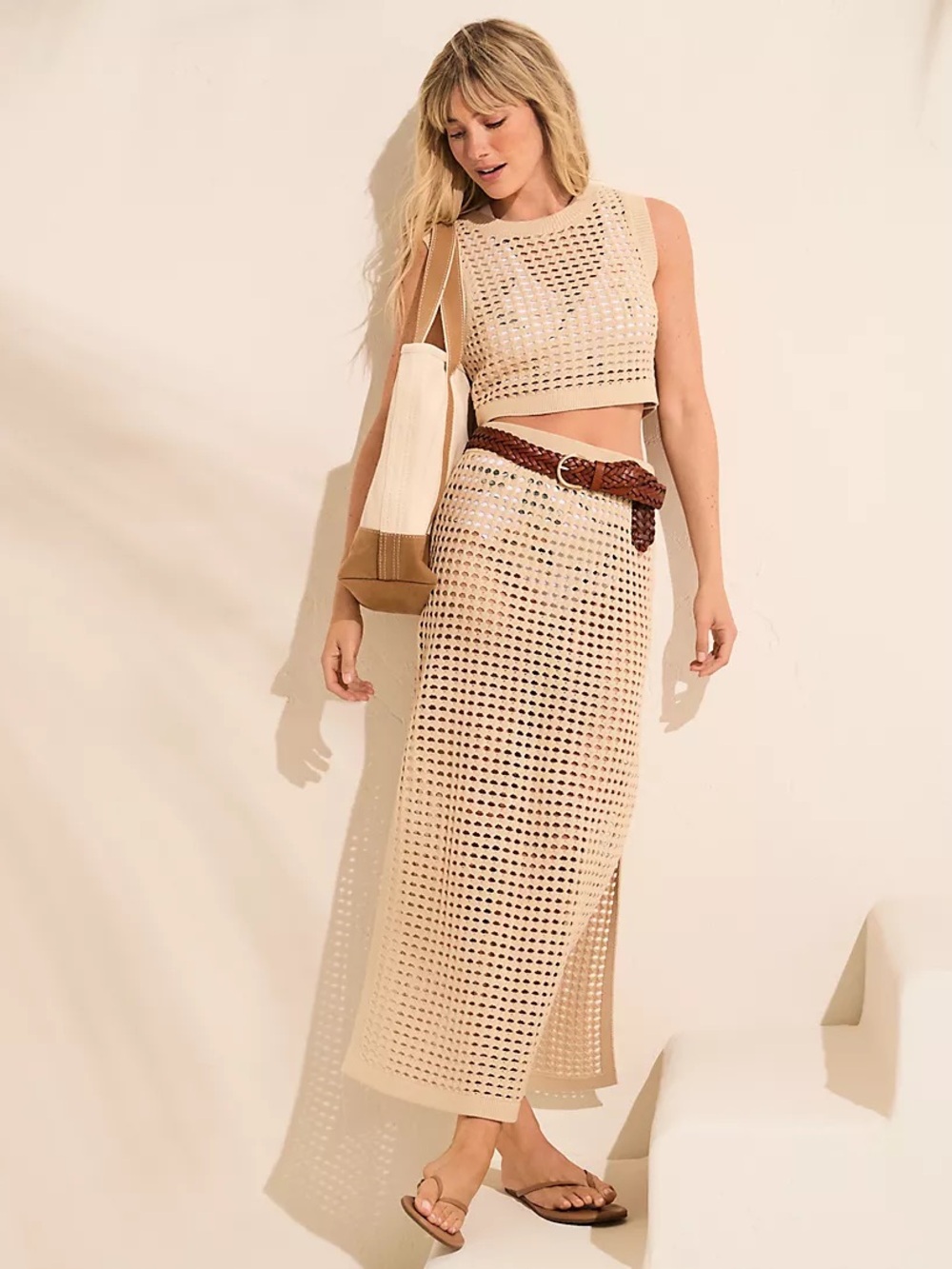 Lands End Cotton Open Knit Maxi Swim Cover-up Skirt in Washed Sand XS